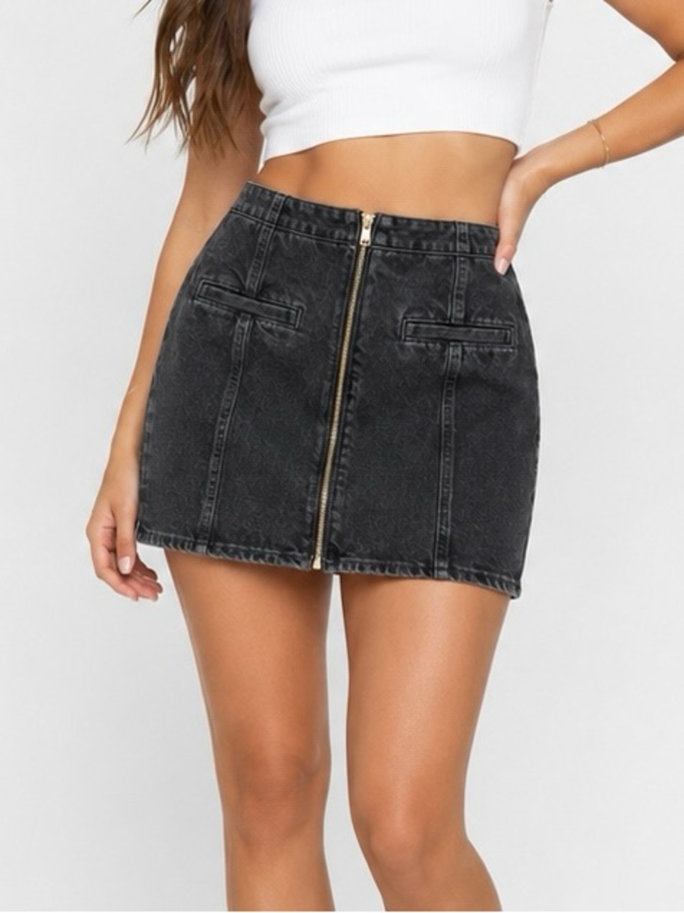 Old Navy Black Denim Mini Skirt with Front Gold Zip